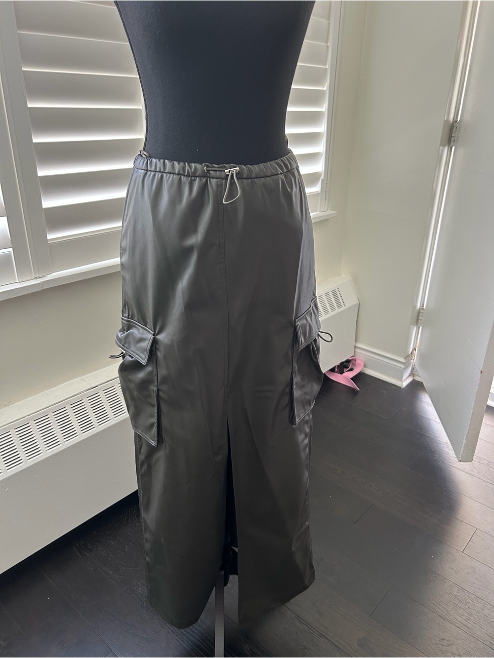 Women’s faux leather Dark Gray Cargo Drawstring skirt